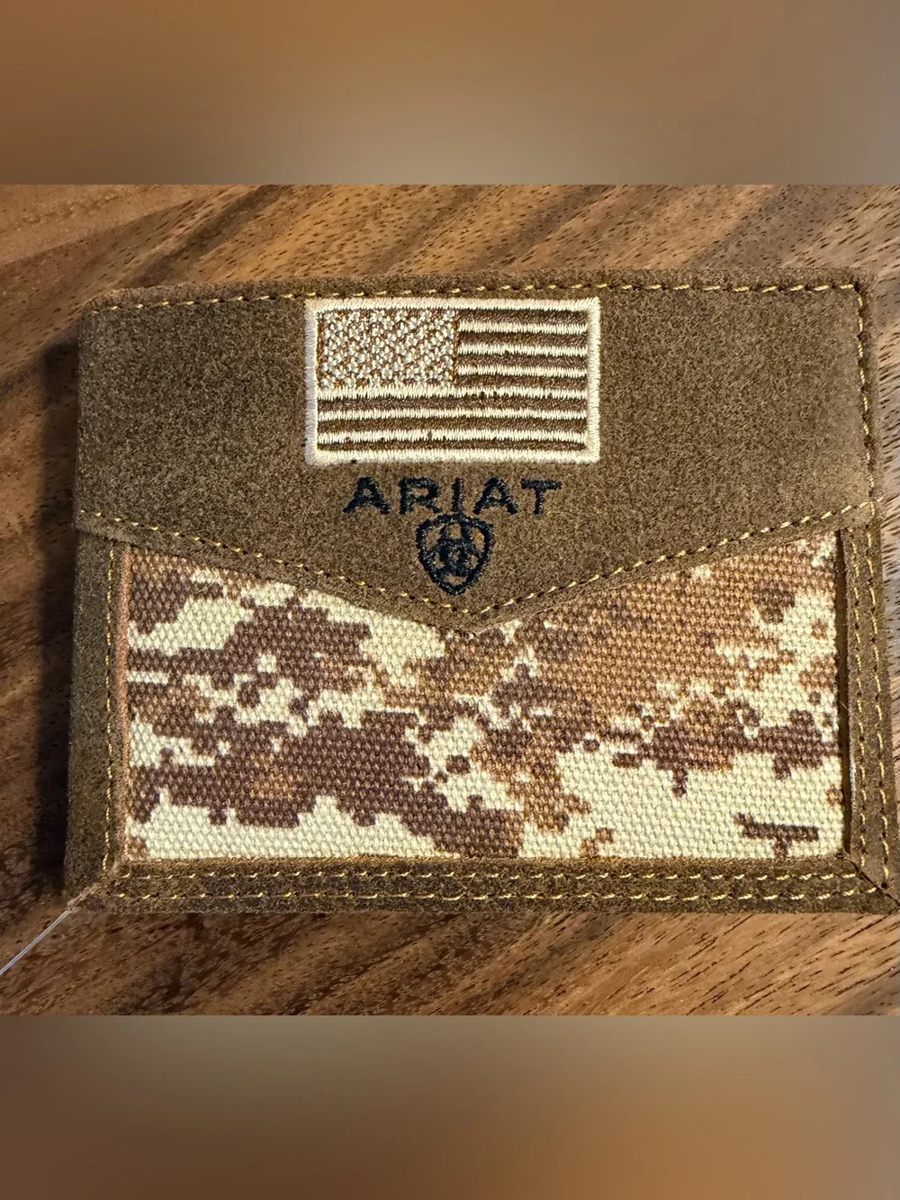 Ariat Brown and Tan Camouflage Suede Passcase Wallet with Flag Patch